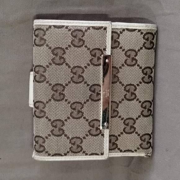 GUCCI BROWN/TAN MONOGRAM CANVAS & CREAM LEATHER WALLET ~ AUTHENTIC ~ GOOD COND - Picture 2 of 12